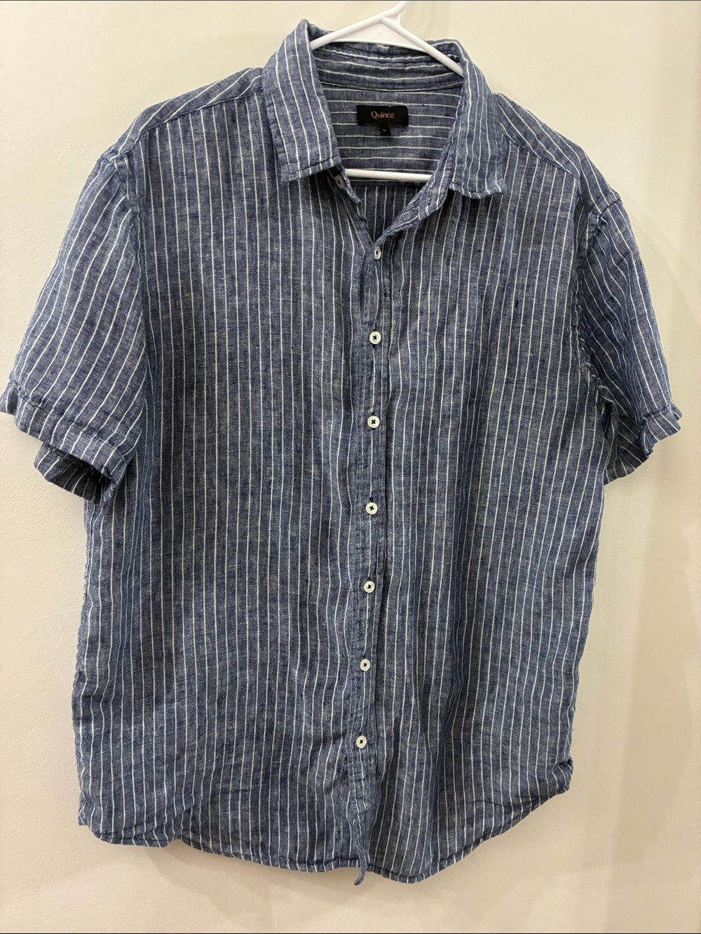 Quince Men's Blue Stripe 100% Linen 
Short-Sleeve Shirt - large
